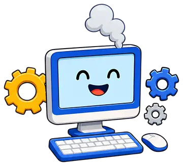 Friendly cartoon computer with smoke