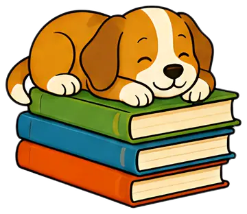 A cute dog with a brown coat is lying on its belly atop a stack of colorful books, its head comfortably resting on its paws. The stack features green, blue, and orange books, creating a charming scene