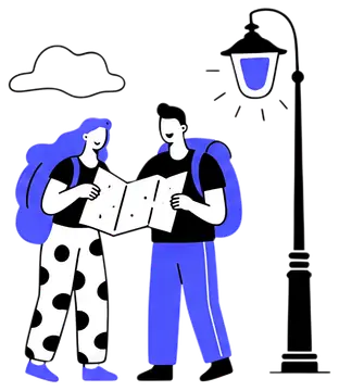 Travelers Sharing a Map Under a Streetlamp