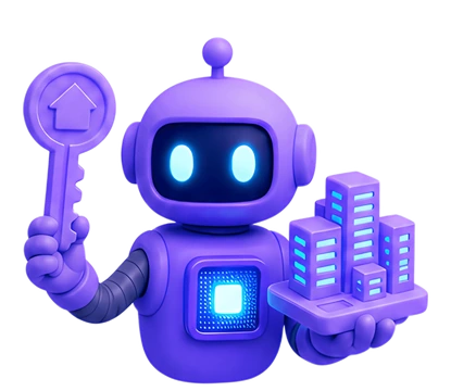 3D Purple AI Robot Holding Key and Building Model