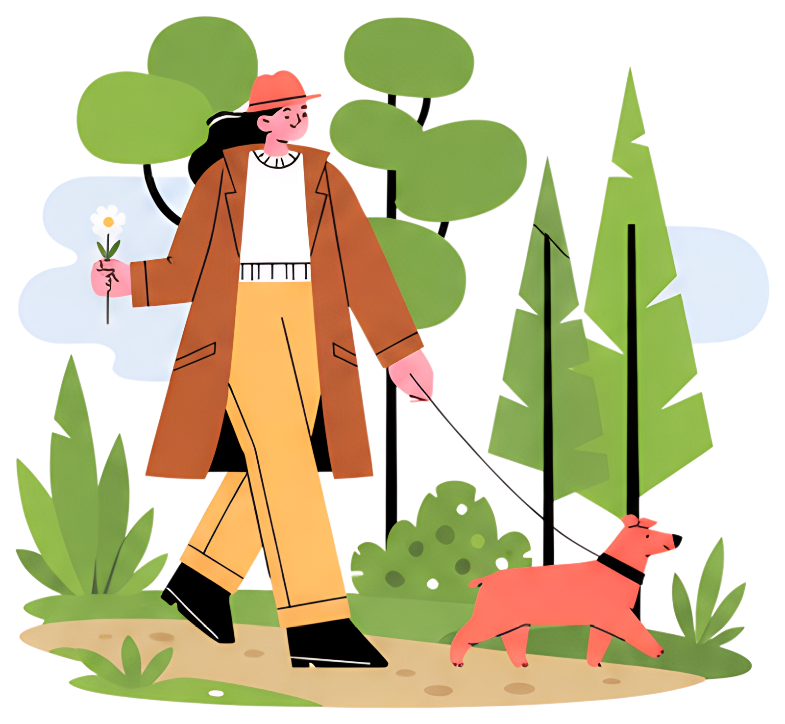 A woman in a brown coat walks a small pink dog along a forest path, holding a single white wildflower in her right hand. The scene features lush green trees and plants, creating a vibrant forest vibe.