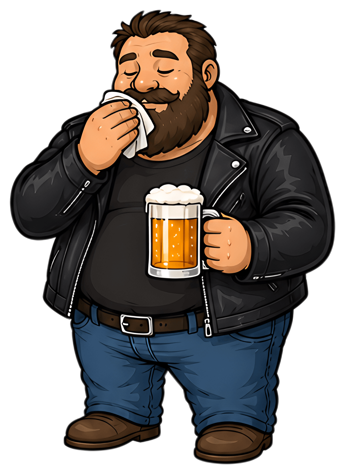A portly man with a beard enjoys a beer, wiping foam from his upper lip with a napkin. He wears a black leather jacket and blue jeans, holding a frosty mug of beer filled with golden liquid and foam,,