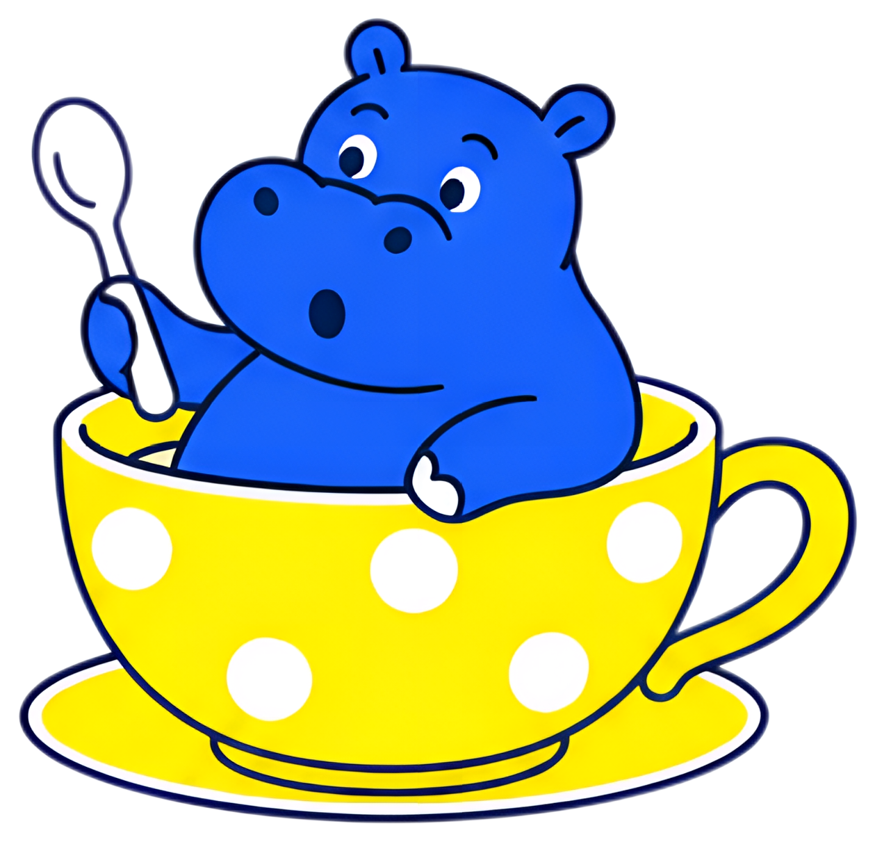 A surprised blue hippopotamus sits inside a yellow teacup decorated with white polka dots, holding a spoon. The hippo's wide eyes and open mouth convey a sense of wonder, contrasting with the playful,