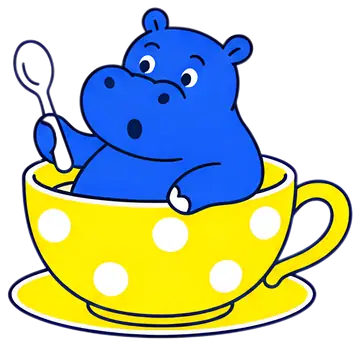 A surprised blue hippopotamus sits inside a yellow teacup decorated with white polka dots, holding a spoon. The hippo's wide eyes and open mouth convey a sense of wonder, contrasting with the playful,