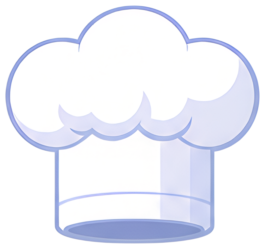 A stylized chef hat features a fluffy, cloud-like top with a smooth cylindrical base. The design is minimalistic and predominantly white, accented with light blue borders and shading, conveying a soft