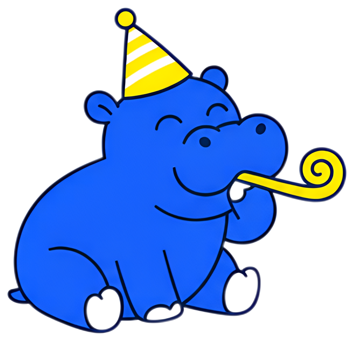 A cute blue baby hippopotamus is sitting and joyfully blowing a yellow noisemaker. It is wearing a festive yellow and white striped party hat, showcasing a cheerful expression with its eyes closed and