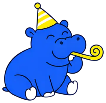 A cute blue baby hippopotamus is sitting and joyfully blowing a yellow noisemaker. It is wearing a festive yellow and white striped party hat, showcasing a cheerful expression with its eyes closed and