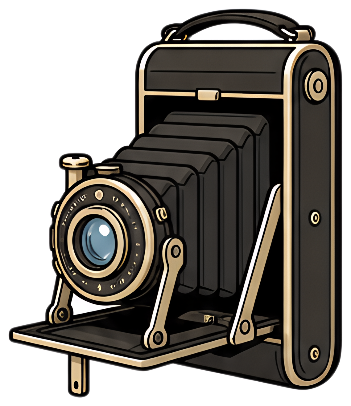 A retro film camera featuring a bellows accordion mechanism and a round lens, accented with golden details. The camera showcases a classic design with a sleek black body and a sturdy handle on top.