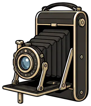 A retro film camera featuring a bellows accordion mechanism and a round lens, accented with golden details. The camera showcases a classic design with a sleek black body and a sturdy handle on top.