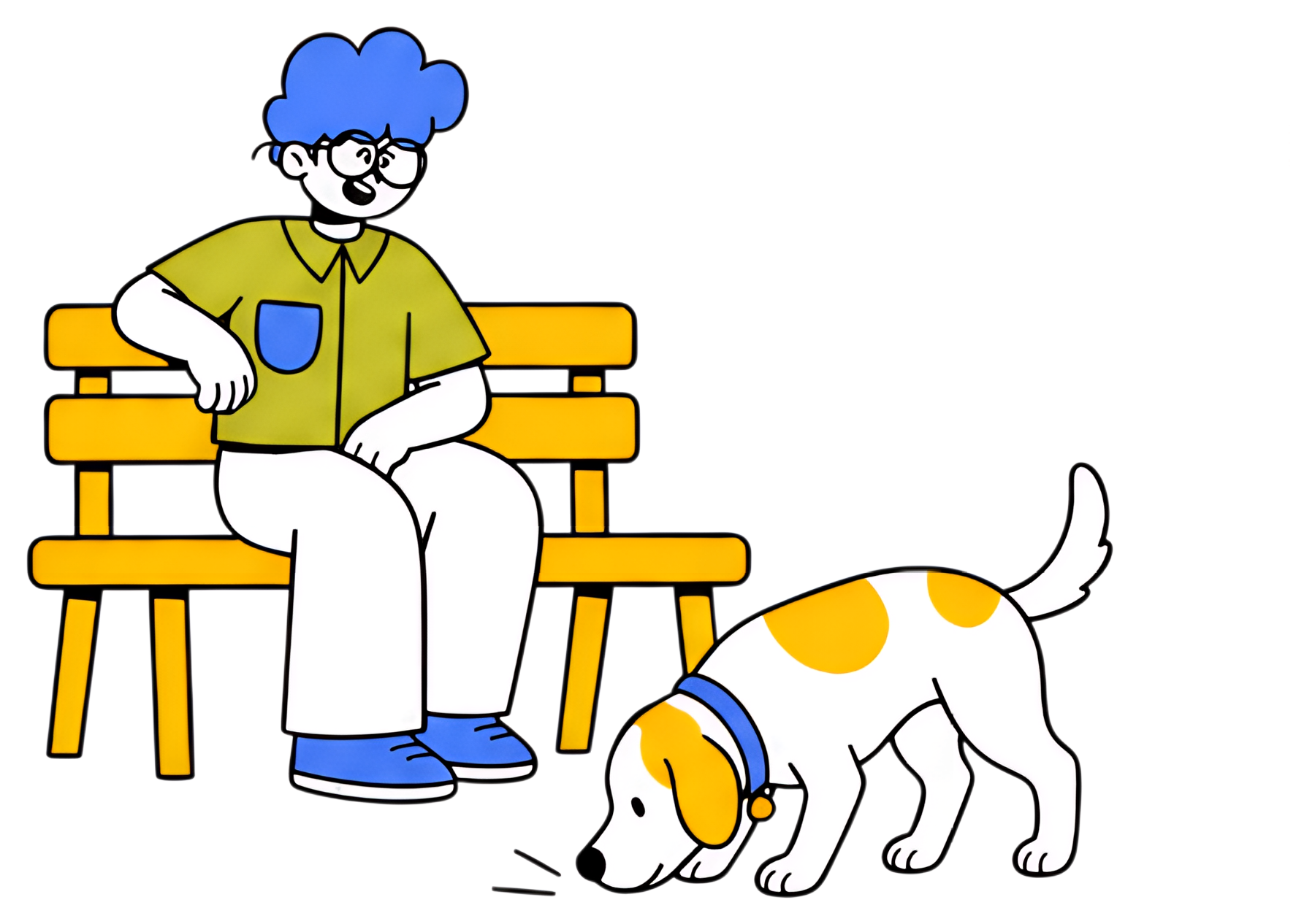 A person in a green shirt and blue pants sits relaxed on a yellow bench, while a medium-sized dog with a white coat and orange spots sniffs the ground nearby. The scene is colorful and playful, with a