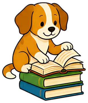 A cheerful dog is sitting on top of stacked books, using its paw to flip a page of an open book. The dog has a brown and white coat with a playful expression, set against a simple background making it