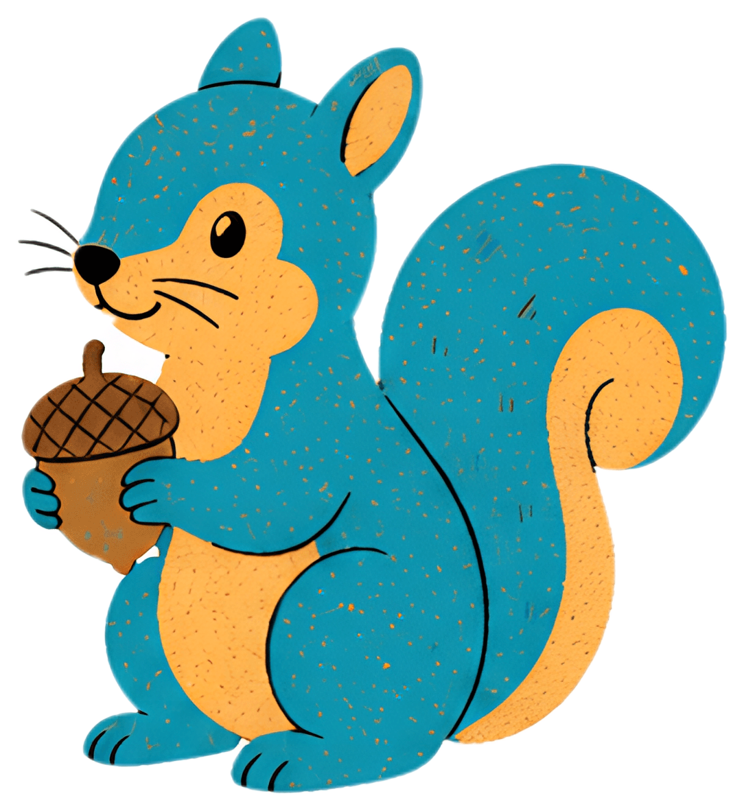 A cheerful squirrel with a bright blue body and an orange belly is happily holding a brown acorn. Its large eyes are expressive, capturing a playful demeanor, while its fluffy tail adds to its charm.