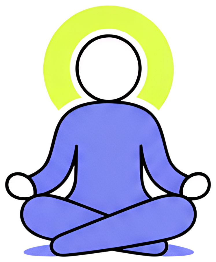 A simplistic figure sitting in a meditative pose, highlighted by a soft yellow halo around the head. The figure is depicted in a calming blue shade, emphasizing serenity and peace.