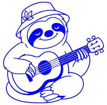A cheerful sloth wearing a hat strums a guitar while smiling. The illustration features bold blue lines against a black background, highlighting the sloth's joyful expression and relaxed pose.