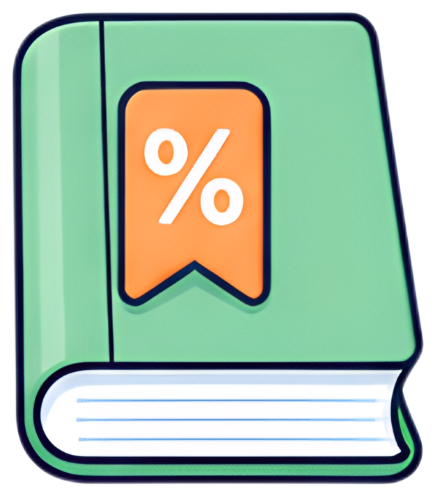 A green book with a prominent orange bookmark featuring a white percent symbol. The book displays blue lines on its pages, creating a visually appealing icon with a minimalist design.