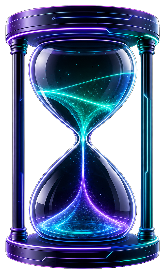 A futuristic hourglass features a dynamic swirl of glowing particles, with vibrant teal and purple colors. The hourglass is set against a dark background, highlighting its transparent structure and a