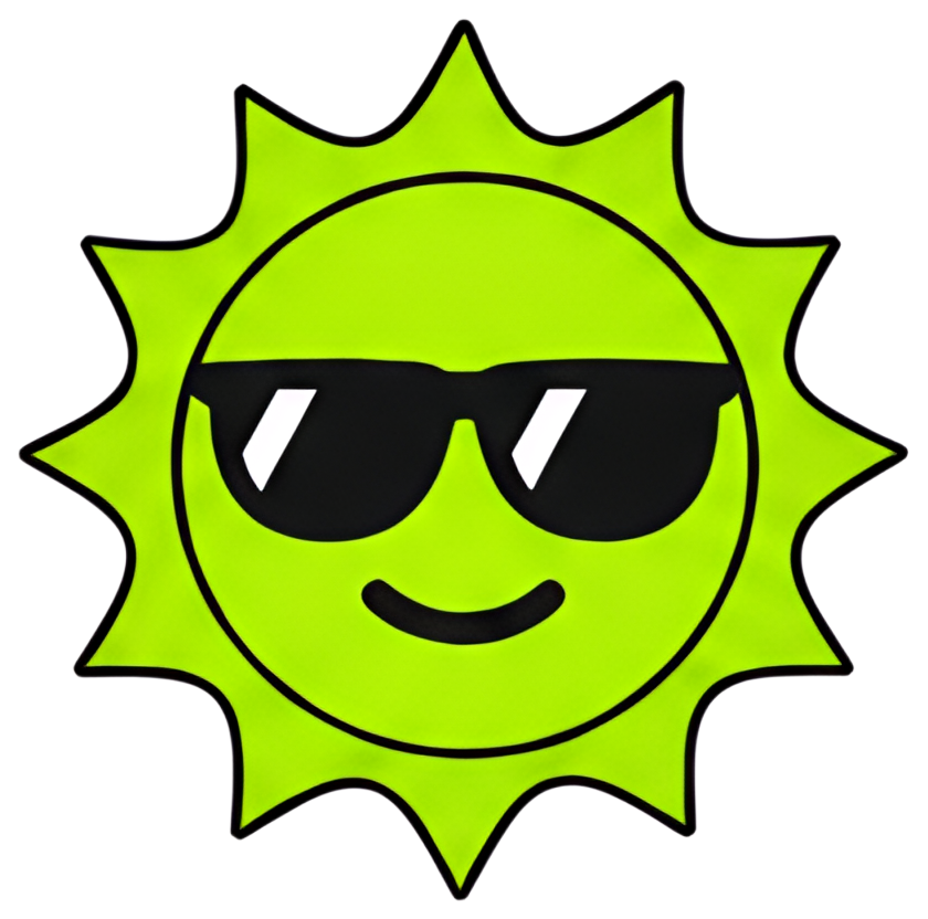 A cheerful sun with a smiling face, wearing black sunglasses against a bright green background. The design features a flat vector style, emphasizing simplicity and bold colors.