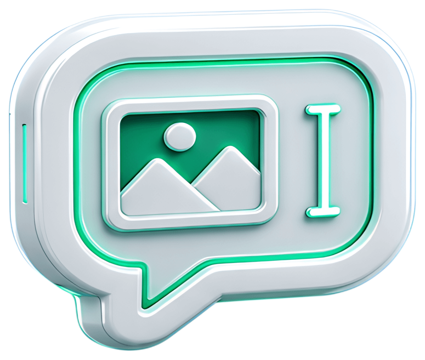 A stylish 3D chat bubble in glowing white neon, featuring a photo icon and a text cursor inside. The design boasts smooth lines with a subtle blue and green glow, emphasizing its modern look on a see-
