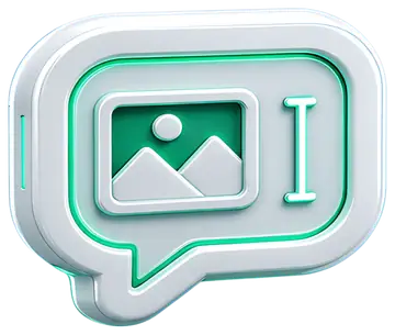 A stylish 3D chat bubble in glowing white neon, featuring a photo icon and a text cursor inside. The design boasts smooth lines with a subtle blue and green glow, emphasizing its modern look on a see-