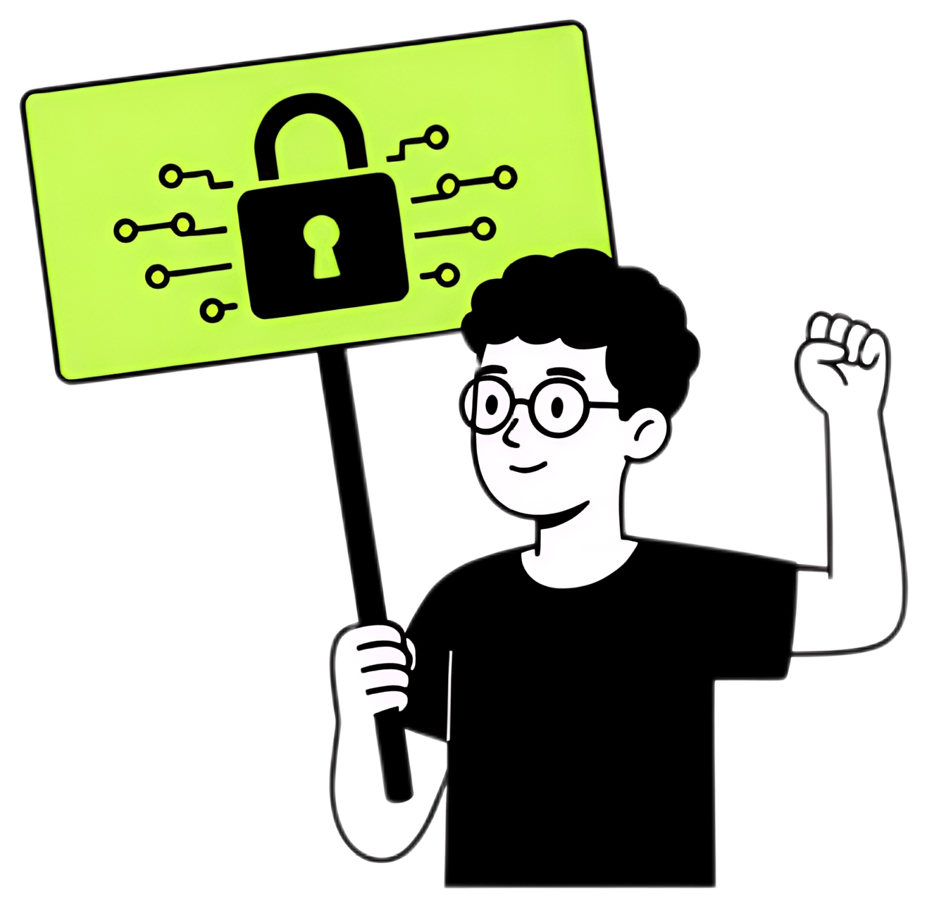 A young programmer wearing a black t-shirt raises a protest sign that features a lock icon and circuit patterns, promoting data freedom. The background is white, emphasizing the colorful design of the