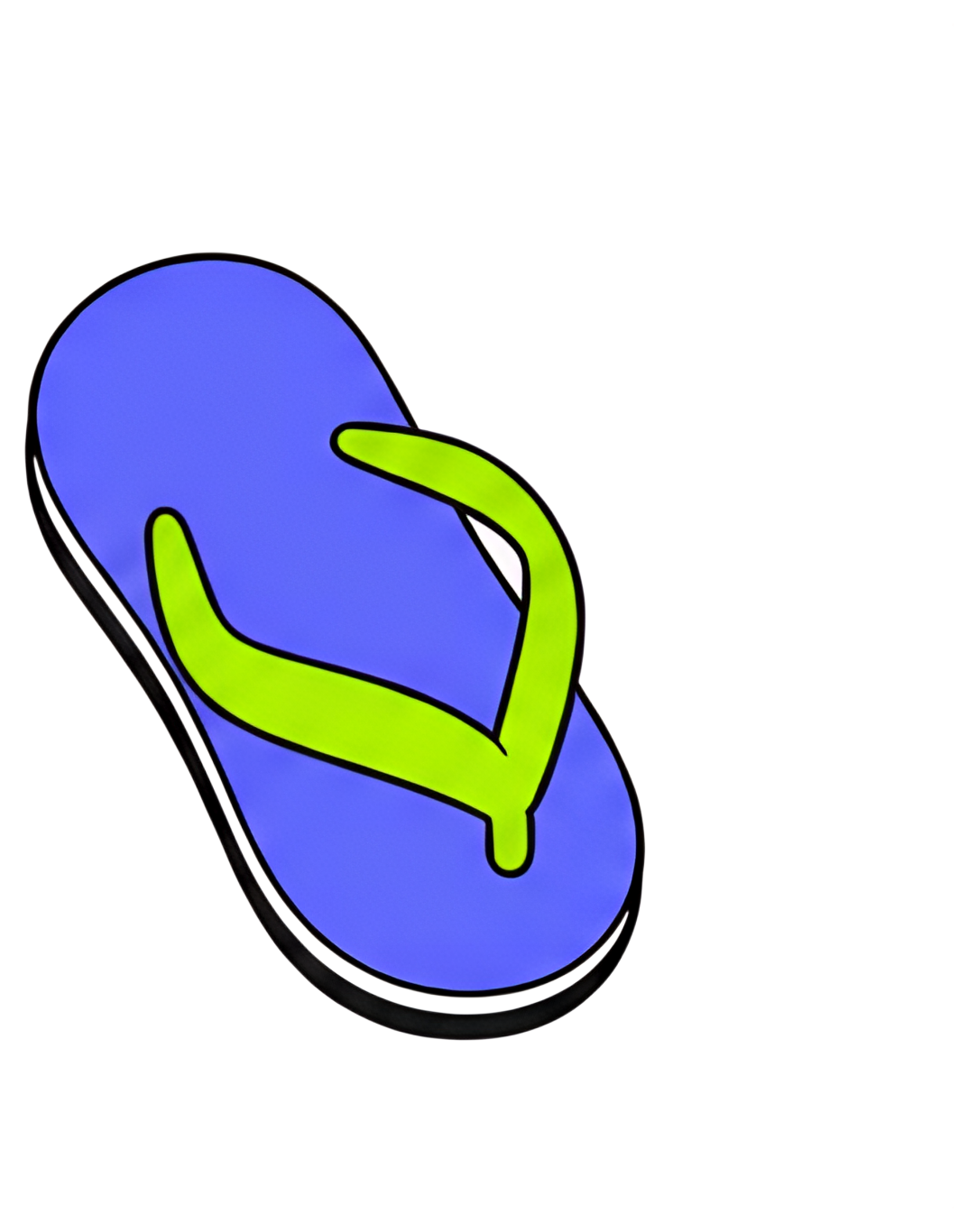 A flat icon of a flip-flop sandal featuring a bright blue sole and a vivid green strap. The design is simple with no shading, showcasing just the essential elements of the sandal.