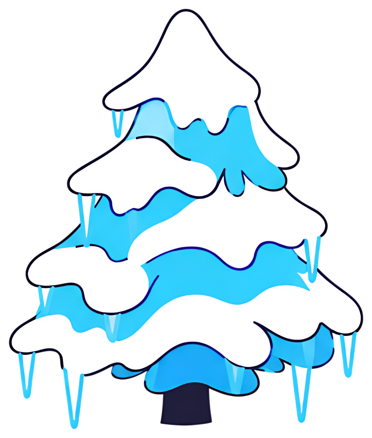 A stylized pine tree covered in snow features glistening icicles hanging from its layered branches. The tree displays a mix of white and light blue tones, creating a frosty appearance against a black,