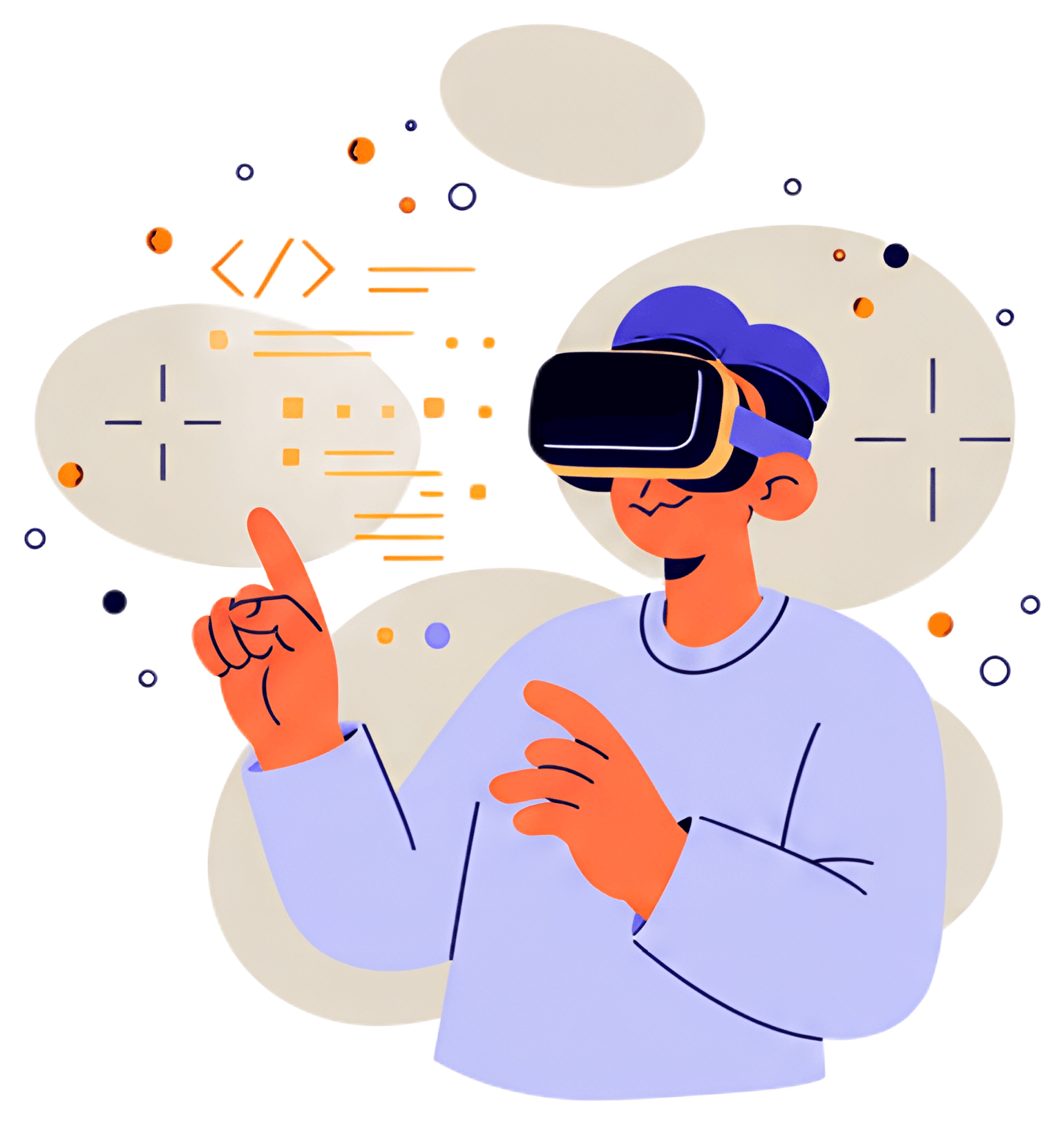 A person wearing a VR headset is gesturing with one finger raised, surrounded by glowing digital code and geometric shapes. The figure features a blue shirt and vibrant, expressive features, set in a