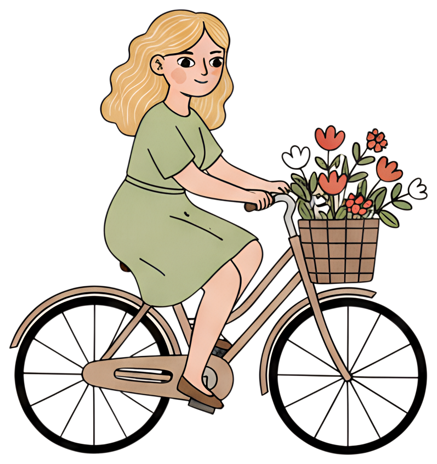 A cheerful cartoon character with wavy blonde hair rides a bicycle adorned with a basket full of colorful flowers. She wears a simple green dress and has a joyful expression, emphasizing a vibrant and