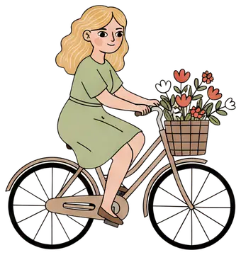 Girl Riding Bicycle with Flower Basket