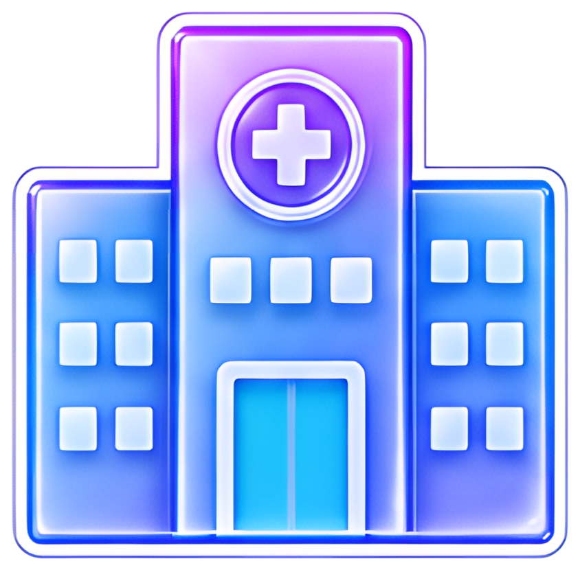 A stylized icon of a hospital building featuring a prominent cross symbol at the top. The building has a cool color scheme, primarily in shades of blue and purple, with simple window and door designs.