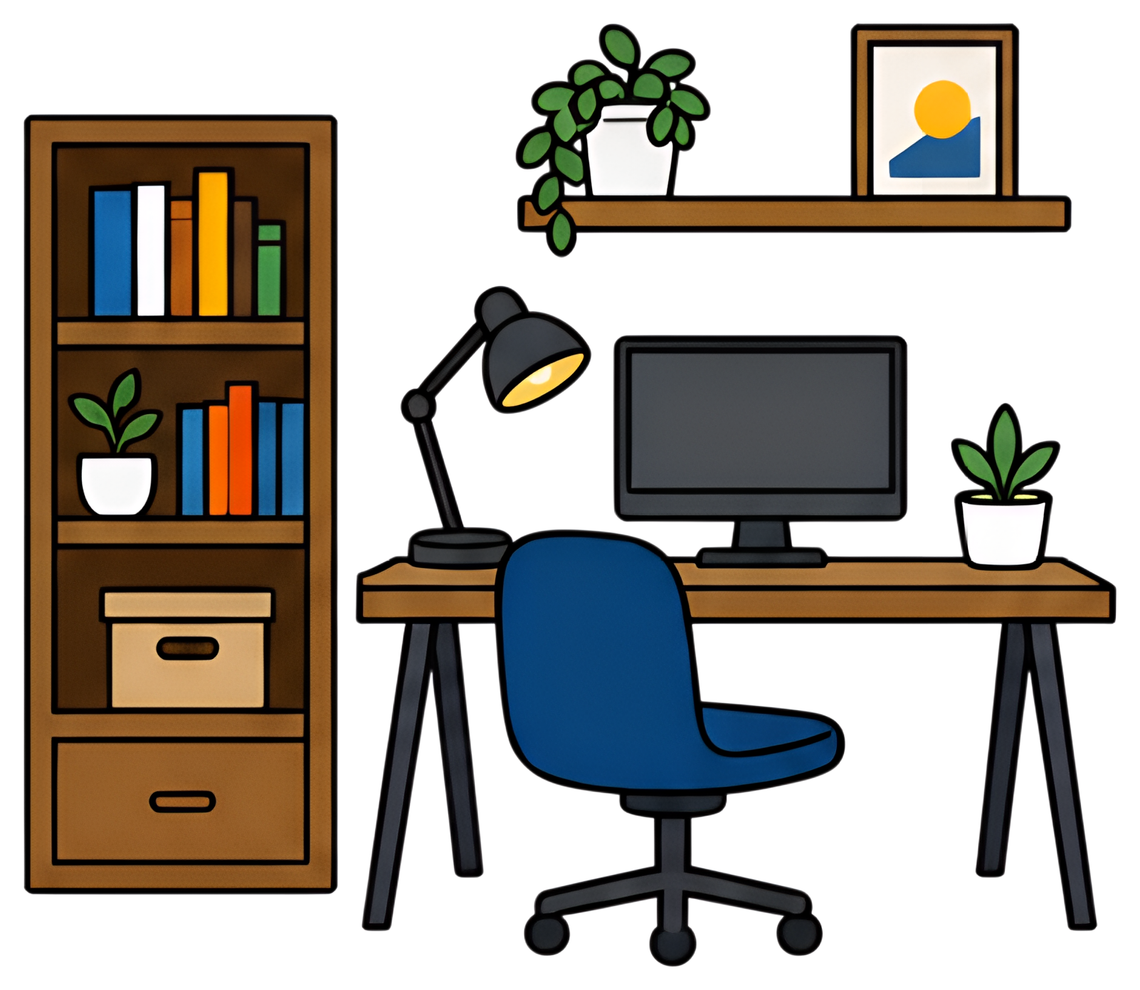 A cozy home office featuring a wooden desk with a blue chair, a computer monitor, and a stylish desk lamp. A bookshelf with colorful books and potted plants enhances the workspace ambiance, alongside,