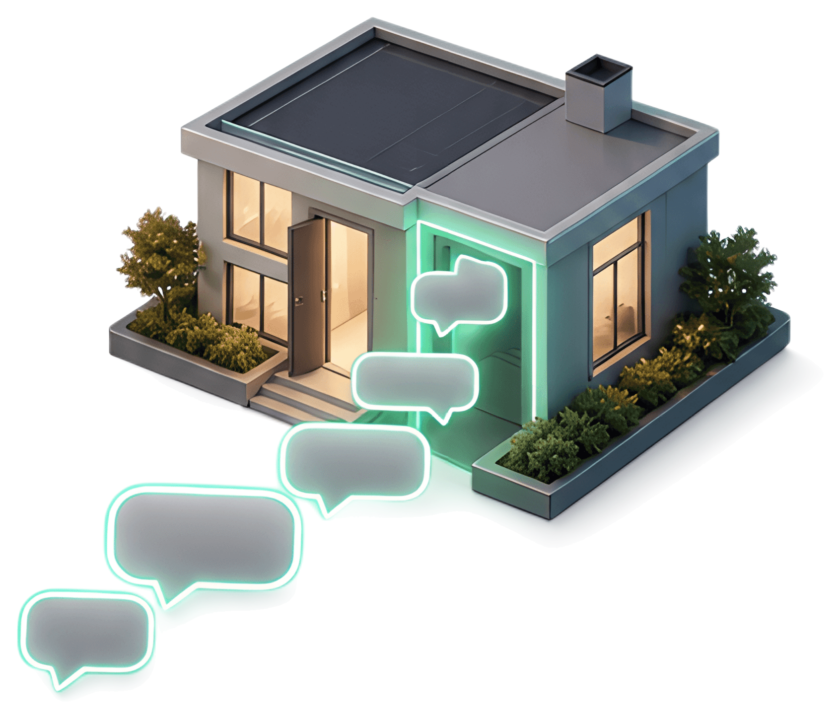 A modern white house features an open door with glowing neon speech bubbles emerging from it. The scene is set in a stylized 3D design with lush greenery surrounding the house and soft lighting accent