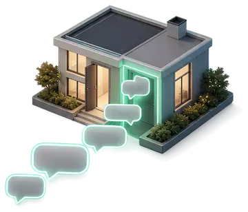 Stylized 3D house with glowing speech bubbles