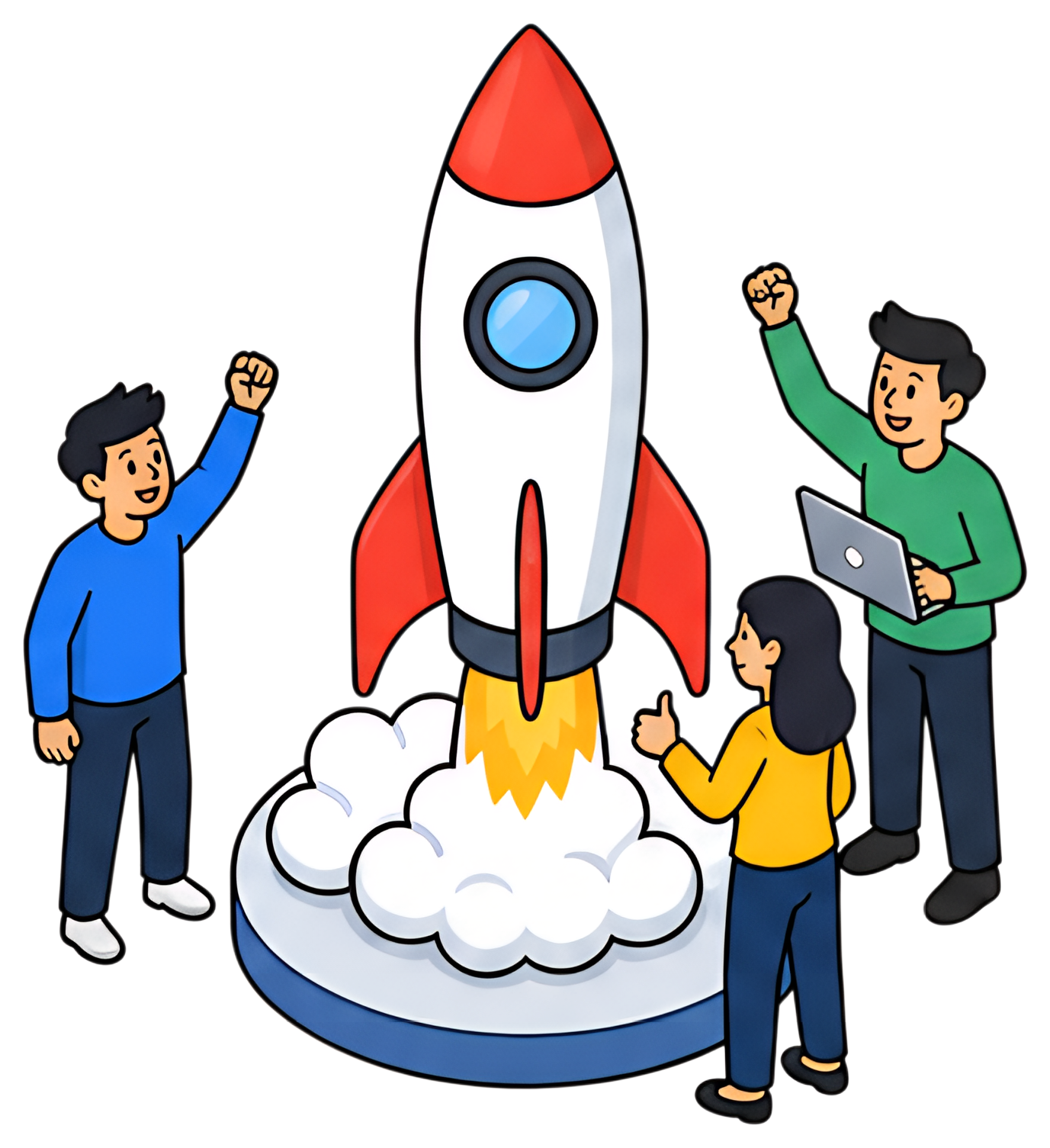 A diverse team of three people enthusiastically celebrating the launch of a rocket. The rocket, prominently displayed in the center, features a red tip and is emitting flames as it sits on a cloud of煙