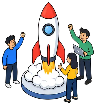 A diverse team of three people enthusiastically celebrating the launch of a rocket. The rocket, prominently displayed in the center, features a red tip and is emitting flames as it sits on a cloud of煙