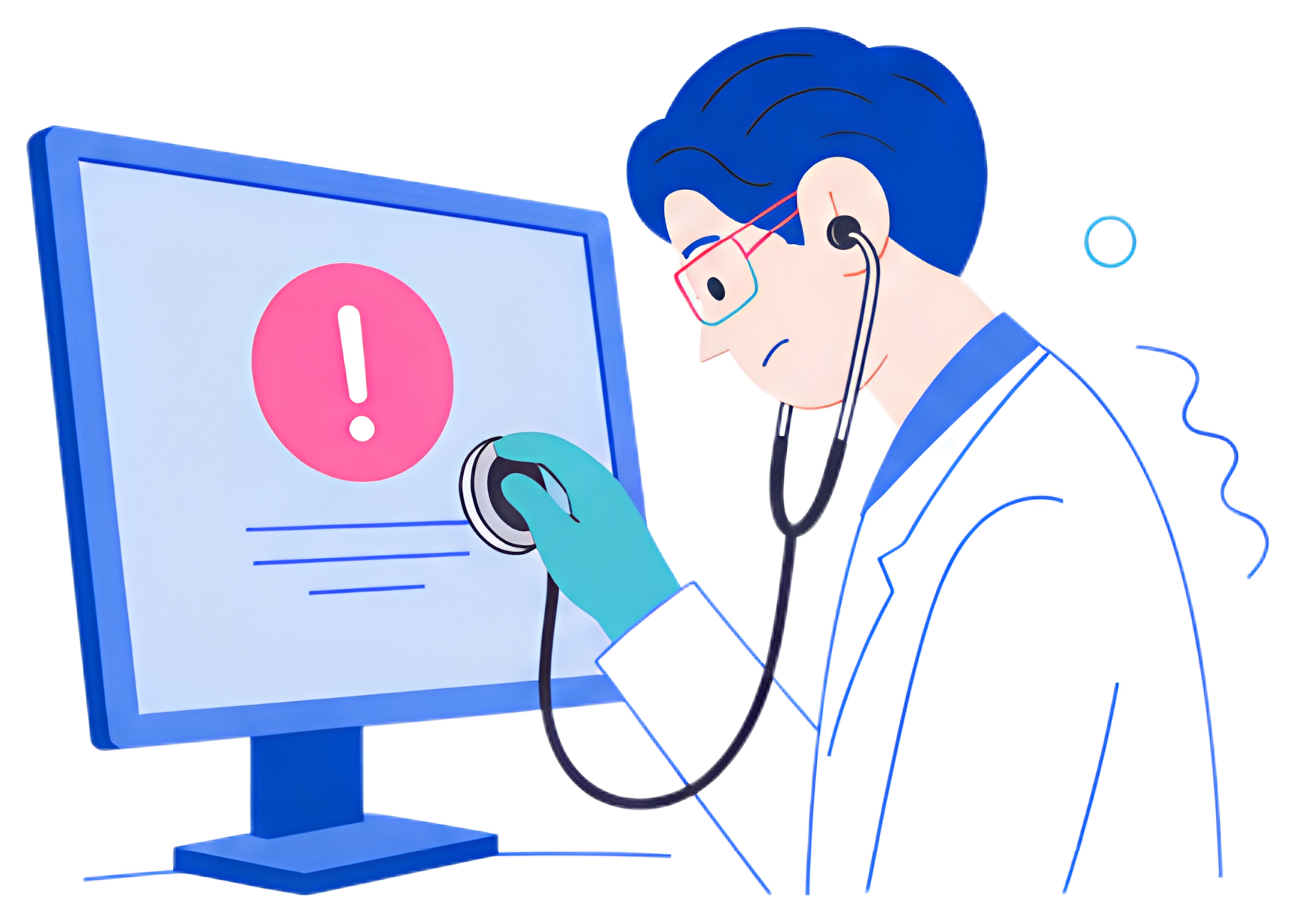 A doctor listens to a computer screen with a stethoscope, which displays an error symbol inside a pink circle. The doctor has a focused expression, wearing a white coat and blue glasses, with teal-hue