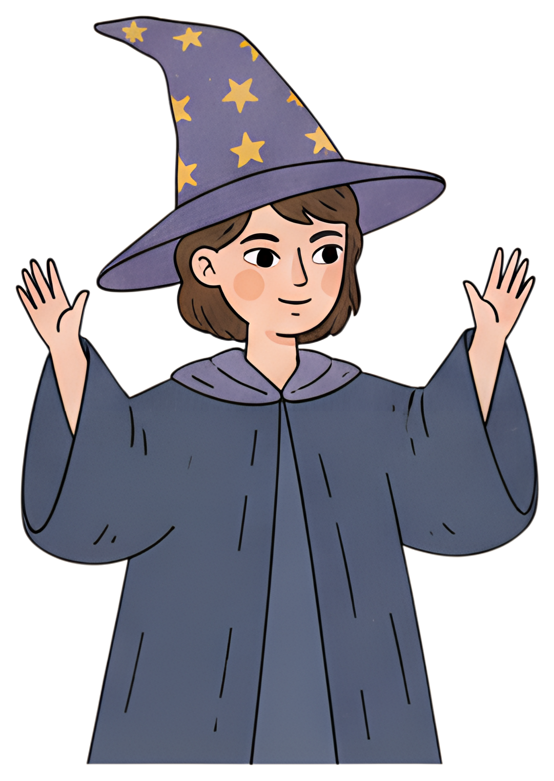 A cartoon character with a wizard hat featuring yellow stars waves their hands while wearing a dark grey robe. The character has a friendly expression and accentuated facial features, adding to the wh