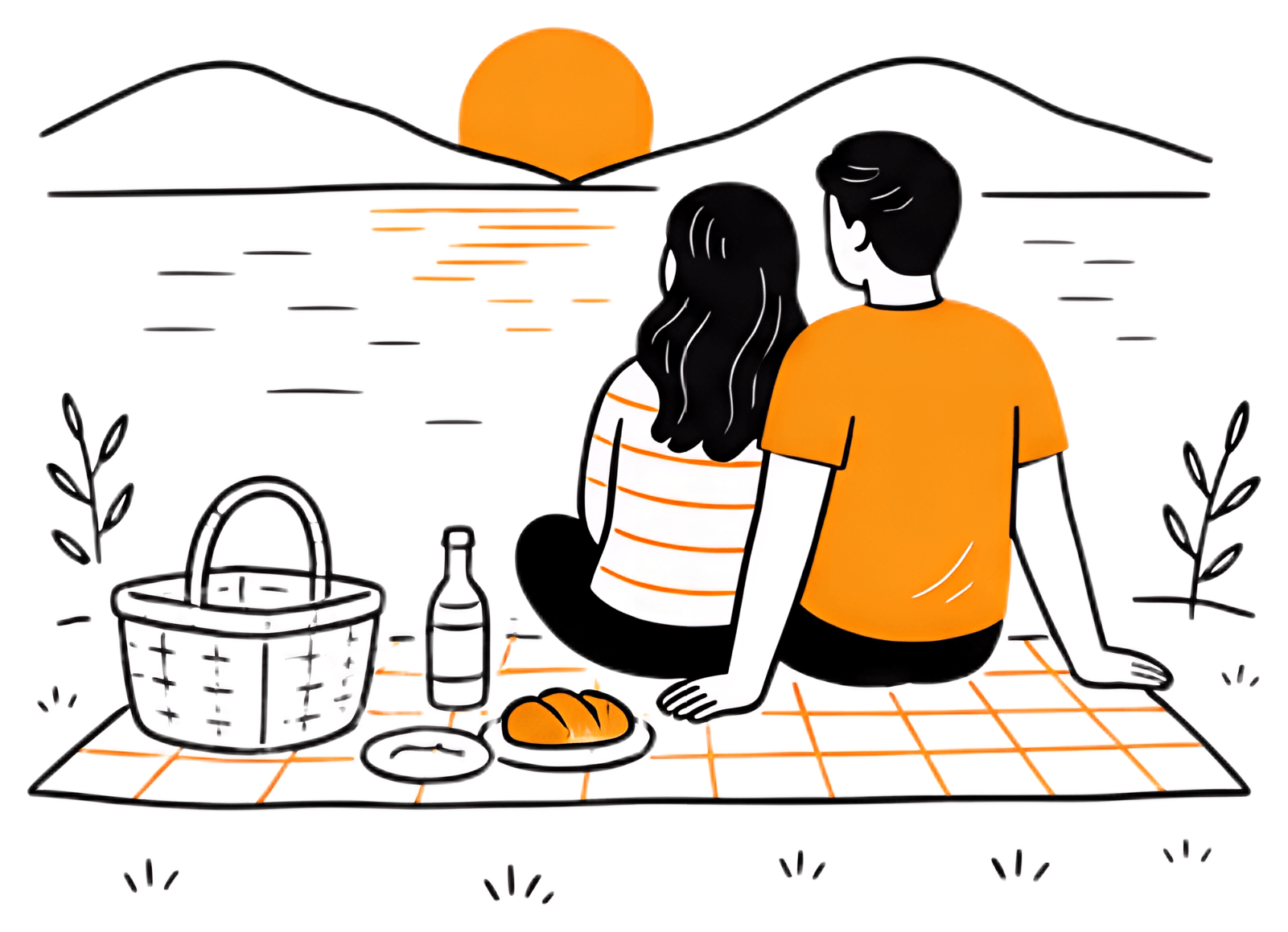 A couple sits on a picnic blanket by a lake, gazing at a vibrant sunset with orange hues reflecting on the water. They are surrounded by picnic items like a basket, a bottle, and a loaf of bread, setd