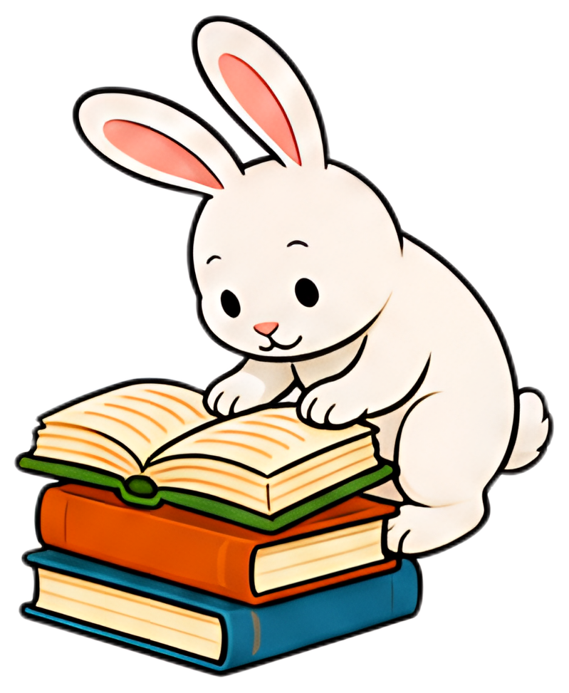 A cute white rabbit stands on its hind legs, intently looking at an open book placed on top of two stacked books. The rabbit has pink accents in its ears and a cheerful expression, set against a solid