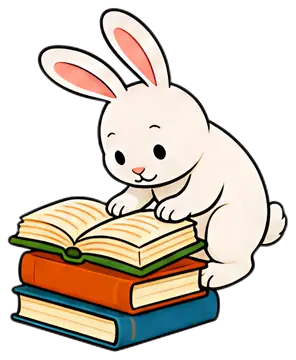 A cute white rabbit stands on its hind legs, intently looking at an open book placed on top of two stacked books. The rabbit has pink accents in its ears and a cheerful expression, set against a solid