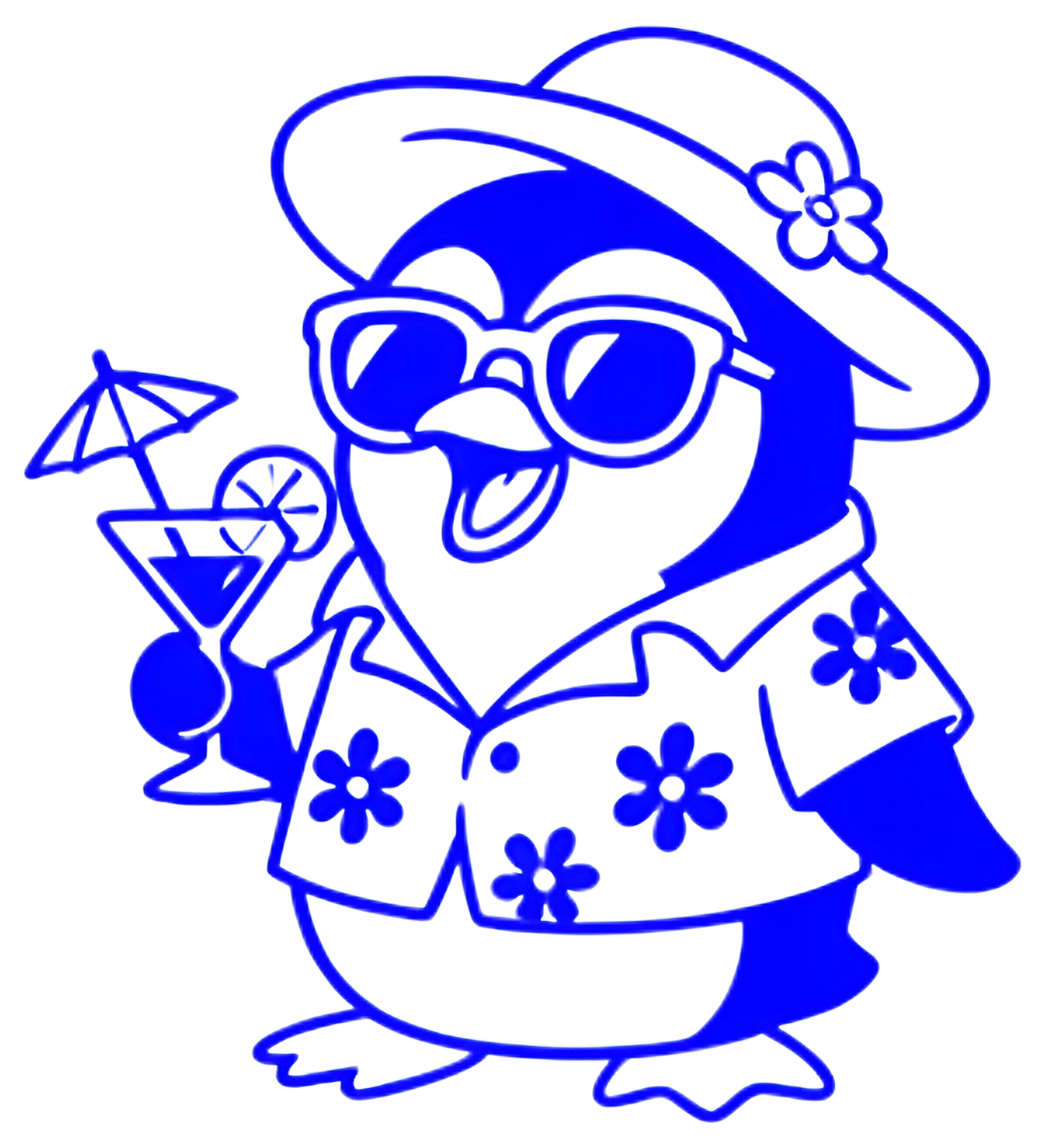 A cheerful penguin character, sporting a floral shirt and sunglasses, is holding a cocktail with a small umbrella. The penguin is illustrated in a vibrant blue color against a black background, adding