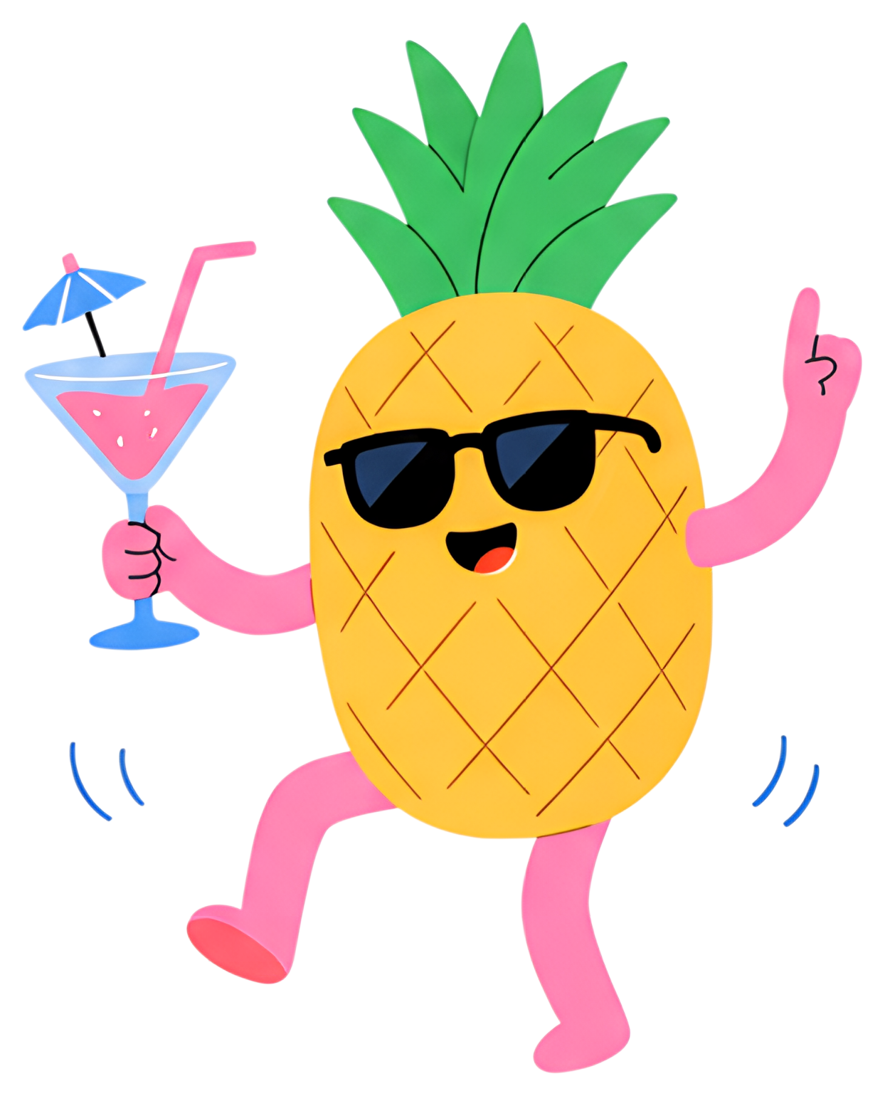 A cheerful dancing pineapple character wearing sunglasses, holding a blue cocktail with a pink drink and a small umbrella. Its body is yellow with green leafy spikes on top and pink arms and legs, all