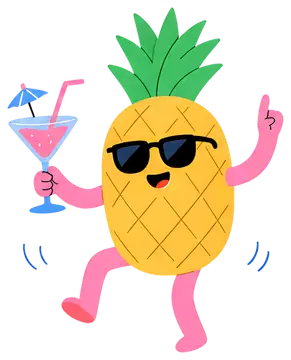 A cheerful dancing pineapple character wearing sunglasses, holding a blue cocktail with a pink drink and a small umbrella. Its body is yellow with green leafy spikes on top and pink arms and legs, all