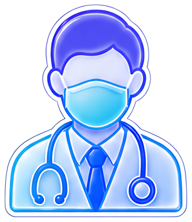 A stylized depiction of a doctor with a blue medical mask and a stethoscope draped around their neck. The figure features a light blue shirt and a darker blue suit, with a soft gradient effect giving