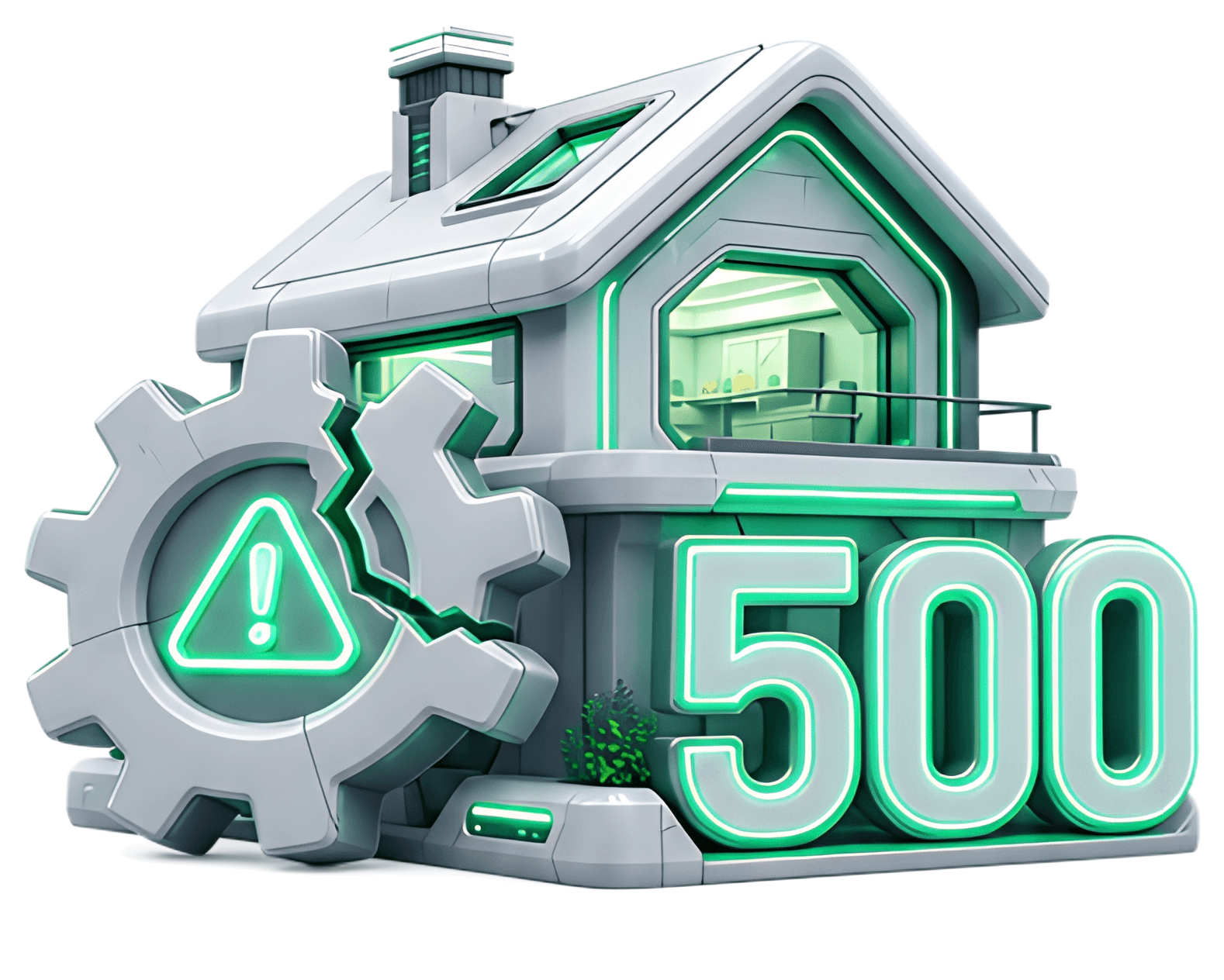 Neon 500 Error Scene with Gear and House
