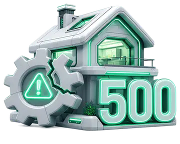 A futuristic depiction of a 500 server error featuring a house, a large gear with a crack, and a neon error symbol. The house is surrounded by a glow of teal and green, creating a striking visual for 