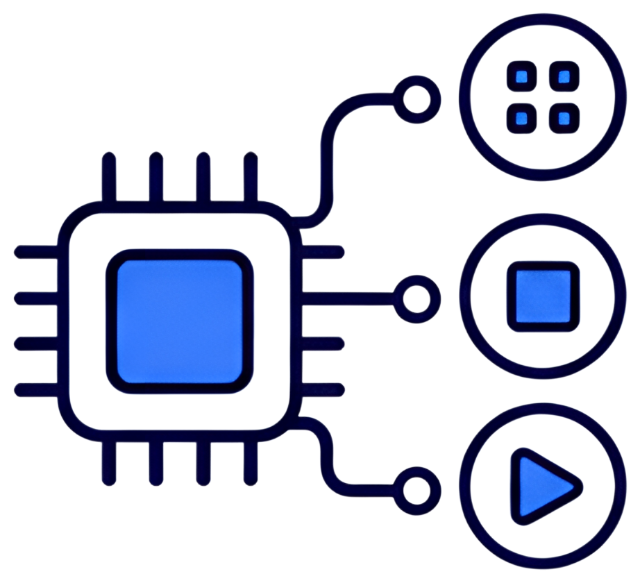 An abstract icon depicting a blue AI chip with neural network lines connecting to three mobile app symbols. The design integrates shades of blue with a black outline, presenting a modern tech-focused,