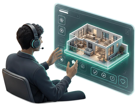Person with headphones interacting with holographic apartment