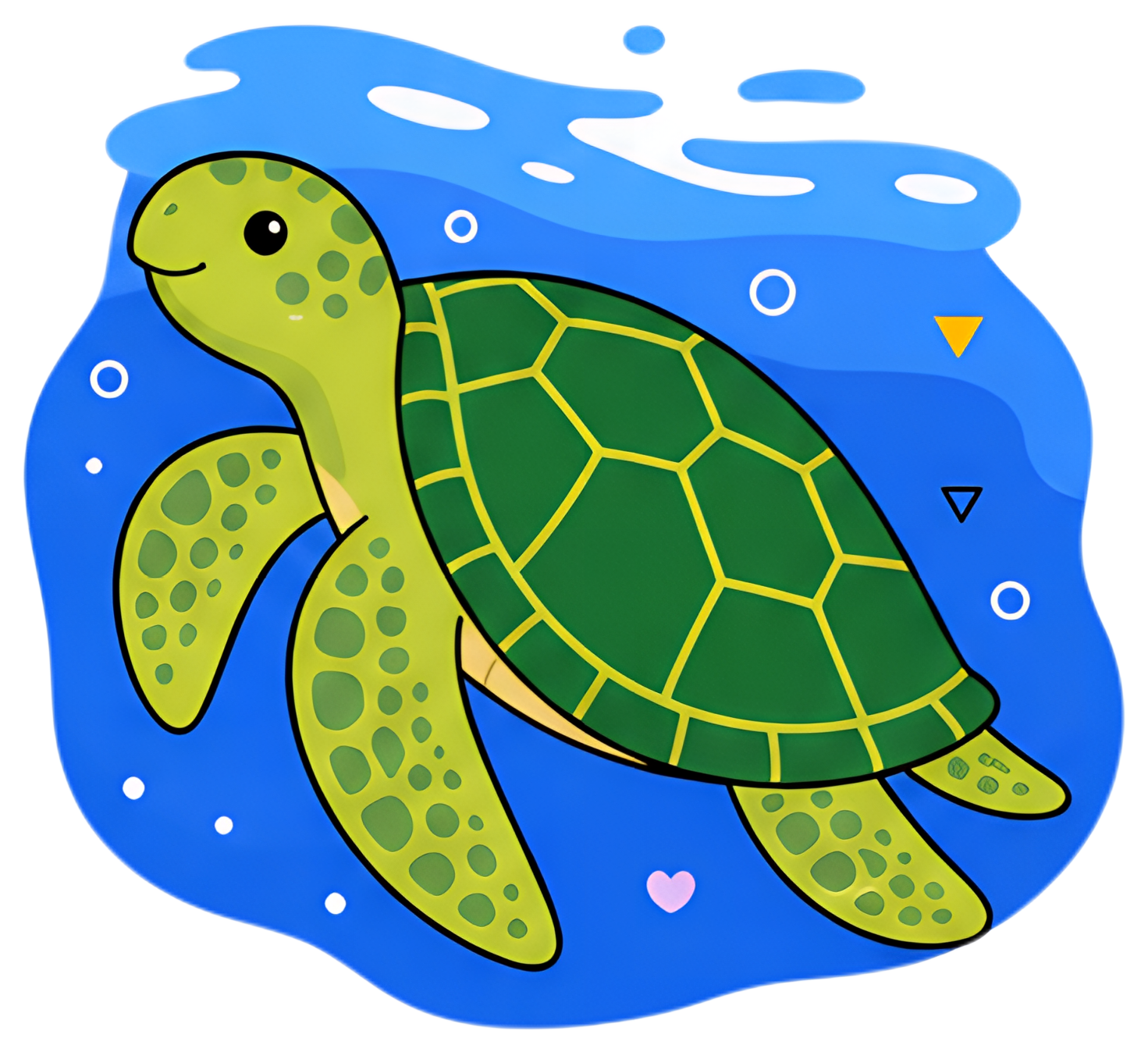 A cheerful green sea turtle with a patterned shell swims gracefully towards the water's surface. The background features vibrant blue water with small bubbles and abstract shapes, enhancing the bright