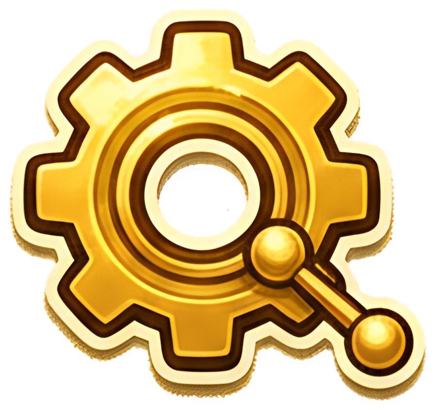 A shiny golden gear with a lever protruding from its side, indicating settings functionality. The gear features circular patterns within, giving it a polished, metallic look.
